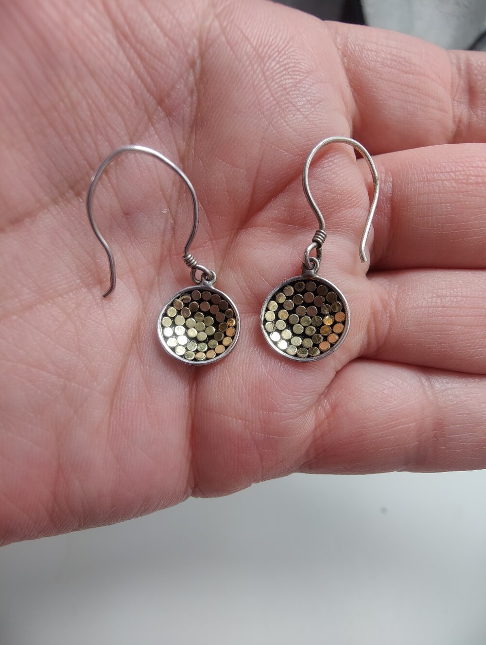925 Sterling Silver Gold Plated Dot Disc Dangle Earrings Mixed Metal - Picture 9 of 12